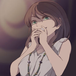 Rule 34 | 1girl, brown hair, covering own mouth, green eyes, grin, hands on own face, jewelry, long hair, meme, necklace, parody, smile, solo, u jie