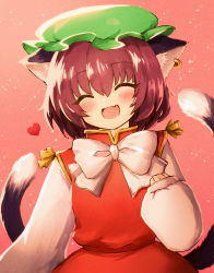 Rule 34 | 1girl, ^ ^, animal ears, blush, bow, bowtie, breasts, brown hair, cat ears, cat tail, chen, closed eyes, commentary request, earrings, fang, hand up, happy, hat, highres, jewelry, mob cap, multiple tails, nekomata, onimaru gonpei, open mouth, pink background, puffy sleeves, red skirt, red vest, short hair, simple background, single earring, skin fang, skirt, sleeves past wrists, small breasts, smile, solo, tail, touhou, two tails, upper body, vest, white bow, white bowtie