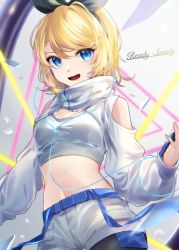 Rule 34 | 1girl, :d, absurdres, bare shoulders, belt, black pantyhose, blonde hair, blue belt, blue eyes, bow, breasts, buckle, clothing cutout, collarbone, commentary, cowboy shot, crop top, digital media player, earphones, exposed pocket, fangs, hair bow, high collar, highres, holding, kagamine rin, long sleeves, looking at viewer, midriff, navel, open mouth, pantyhose, ready steady (vocaloid), short hair, short shorts, shorts, shoulder cutout, shrug (clothing), sidelocks, small breasts, smile, snap-fit buckle, solo, song name, soramame pikuto, sports bra, standing, swept bangs, turtleneck, vocaloid, white shorts, white sleeves, white sports bra