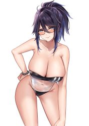 Rule 34 | 1girl, absurdres, bead bracelet, beads, black hair, blue hair, blush, bracelet, breasts, gris swimsuit, hand on thigh, highres, indie virtual youtuber, jewelry, kson, large breasts, leaning forward, lips, long hair, looking at viewer, looking over eyewear, looking over glasses, meme attire, multicolored hair, nyctea snow, one-piece swimsuit, orange-tinted eyewear, orange-tinted glasses, souchou, streaked hair, sunglasses, swimsuit, thighs, tinted eyewear, virtual youtuber, white background