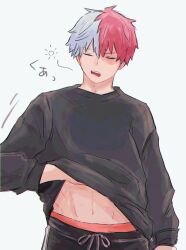 Rule 34 | 1boy, abs, absurdres, bishounen, black sweater, boku no hero academia, closed eyes, clothes lift, hand under clothes, highres, male focus, motion lines, open mouth, scar, scar on face, simple background, solo, sound effects, sweater, tdbk usgn, todoroki shouto, translated, upper body, white background