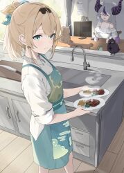 Rule 34 | +++, 2girls, :d, ^ ^, absurdres, ahoge, alternate costume, apron, blonde hair, bookshelf, calendar (object), cellphone, closed eyes, commentary request, counter, crow (la+ darknesss), cup, curtains, cutting board, demon horns, evening rabbit, food, fork, french fries, green apron, green eyes, hair ornament, hamburger steak, highres, holding, holding fork, holding knife, holding plate, holding utensil, hololive, horns, indoors, kazama iroha, kitchen, kitchen knife, knife, la+ darknesss, leaf hair ornament, long hair, medium hair, mug, multicolored hair, multiple girls, open mouth, phone, picture frame, plate, pokobee, ponytail, shirt, sink, sleeves rolled up, smartphone, smile, streaked hair, utensil, very long hair, virtual youtuber, white hair, white shirt, zzz