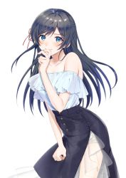 Rule 34 | 1girl, absurdres, bare shoulders, black hair, black skirt, blue eyes, blue nails, blush, closed mouth, collarbone, commentary request, frilled shirt, frills, hair ribbon, hand to own mouth, hand up, high-waist skirt, highres, long hair, looking at viewer, nail, nail polish, off-shoulder shirt, off shoulder, official art, original, red ribbon, ribbon, shirt, side slit, simple background, sinomi, skirt, solo, white background, white shirt