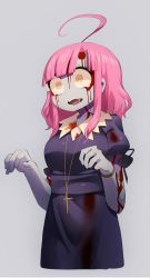 Rule 34 | 1girl, ahoge, blood, blood on face, blood on clothes, bloody tears, blue skin, colored skin, commentary request, cross, cross necklace, dress, gakkou gurashi!, grey background, harau, injury, jewelry, long hair, necklace, pink hair, purple dress, sakura megumi, saliva, sanpaku, simple background, solo, spoilers, standing, tears, wide-eyed, wristband, yellow eyes, zombie