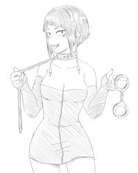 Rule 34 | 1girl, absurdres, blush, boku no hero academia, breasts, cleavage, collar, collarbone, come hither, cuffs, detached sleeves, dress, handcuffs, highres, jirou kyouka, leash, looking at viewer, medium breasts, mf uncen, monochrome, naughty face, open mouth, short hair, sketch, smile, solo, thighs, tongue, tongue out, white background