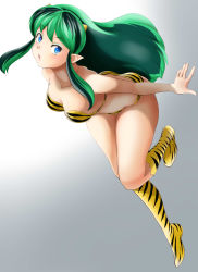 Rule 34 | 1girl, absurdres, animal print, bikini, blue eyes, boots, breasts, cleavage, cone horns, gradient background, green hair, highres, horns, looking at viewer, lum, medium breasts, nanao futaba, official art, pointy ears, solo, strapless, strapless bikini, swimsuit, tiger print, tiger stripes, urusei yatsura, white background, yellow bikini, yellow footwear