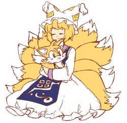 Rule 34 | 1girl, animal ears, bad id, bad twitter id, blonde hair, blush, closed eyes, crossover, dress, fox, fox ears, fox tail, furry, furry male, holding, jeto (jetopyon), kitsune, kyuubi, long sleeves, multiple tails, short hair, simple background, sonic (series), tail, tails (sonic), touhou, trait connection, white background, yakumo ran