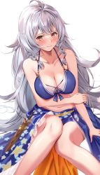 Rule 34 | 1girl, ahoge, bare shoulders, bikini, blush, braid, breasts, cleavage, collarbone, granblue fantasy, hair between eyes, highres, large breasts, long hair, looking at viewer, navel, revision, sarong, sg (satoumogumogu), silva (granblue fantasy), silver hair, sitting, solo, swimsuit, thighs, twin braids, very long hair, yellow eyes