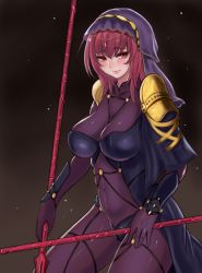 Rule 34 | 1girl, akira (yuibnm71), armor, blush, bodysuit, breasts, closed mouth, commentary request, covered navel, cowboy shot, fate/grand order, fate (series), from side, highres, large breasts, long hair, looking at viewer, looking to the side, pauldrons, purple bodysuit, purple hair, red eyes, revision, scathach (fate), shoulder armor, smile, solo, veil, very long hair