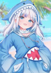 Rule 34 | 1girl, absurdres, animal hood, beach, blue eyes, blue hair, collarbone, commentary, english commentary, floating hair, gawr gura, gawr gura (1st costume), hands in pockets, heart, highres, hikeru (hikerumin), hololive, hololive english, hood, leaning back, looking at viewer, medium hair, multicolored hair, ocean, open mouth, palm tree, shark hood, sharp teeth, silver hair, solo, streaked hair, teeth, tree, virtual youtuber