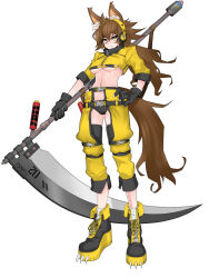 Rule 34 | 1girl, absurdres, ahoge, animal ear fluff, animal ears, asha, belt, black belt, black footwear, black gloves, black panties, boots, breasts, brown hair, clawed boots, closed mouth, commentary request, cropped jacket, fang, fang out, fold-over boots, full body, gloves, hair between eyes, hand on own hip, headphones, highres, holding, holding scythe, long bangs, long hair, looking afar, low ponytail, medium breasts, messy hair, navel, original, panties, pants, scythe, short sleeves, simple background, smile, socks, solo, standing, tail, underboob, underwear, whiskers, white background, white socks, wolf ears, wolf girl, wolf tail, yellow footwear, yellow pants