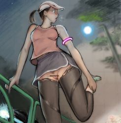 Rule 34 | 1girl, armband, bar censor, baseball cap, black eyes, black pants, blush, breasts, breath, brown hair, censored, cleft of venus, female pubic hair, grey skirt, hat, light, looking at viewer, looking to the side, medium breasts, night, no panties, open mouth, pants, ponytail, pubic hair, pussy, pussy juice, railing, red shirt, shirt, shoes, skirt, sky, sneakers, standing, standing on one leg, stretching, sweat, tank top, torn clothes, torn pants, tree, uro (pixiv17845694), white footwear, white headwear