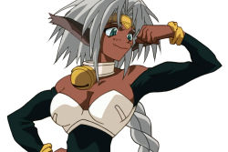 Rule 34 | 1990s (style), 1girl, aisha clanclan, animal ears, bell, blue eyes, bracelet, braid, breasts, circlet, collar, dark-skinned female, dark skin, fangs, female focus, green eyes, hair ornament, jewelry, jingle bell, long hair, neck bell, outlaw star, pointy ears, retro artstyle, simple background, single braid, slit pupils, smile, solo, tattoo, third-party edit, upper body, white background, white hair