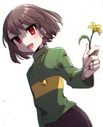 Rule 34 | 1other, blush, bob cut, brown hair, brown pants, chara (undertale), cowboy shot, dutch angle, flower, gold necklace, green shirt, hand up, heart, heart necklace, highres, holding, holding flower, jewelry, leftporygon, long sleeves, looking at viewer, multicolored shirt, necklace, open mouth, pants, red eyes, shirt, short hair, simple background, smile, solo, swept bangs, teeth, turtleneck, undertale, upper teeth only, white background, yellow flower, yellow shirt