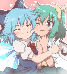 Rule 34 | 2girls, :t, ^ ^, aqua eyes, aqua hair, blue bow, blue dress, blue hair, blush, bow, bowtie, cheek-to-cheek, cirno, closed eyes, closed mouth, daiyousei, do (4-rt), dress, fairy wings, flying sweatdrops, gradient background, green skirt, hair bow, hands on own chest, heads together, heart, highres, hug, ice, ice wings, multiple girls, one eye closed, one side up, open mouth, pinafore dress, pink background, puffy short sleeves, puffy sleeves, red bow, red neckwear, shirt, short hair, short sleeves, skirt, sleeveless dress, smile, tareme, touhou, upper body, white shirt, wings, yellow bow, yuri