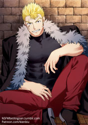 Rule 34 | 1boy, bara, black jacket, blonde hair, covered abs, elbow rest, fairy tail, feet out of frame, fur-trimmed jacket, fur trim, jacket, kienbiu, large pectorals, laxus dreyar, leg up, male focus, muscular, paid reward available, pants, patreon username, pectorals, red pants, shirt, short hair, solo, spiked hair, taut clothes, taut shirt