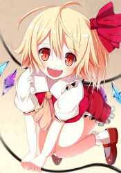 Rule 34 | 1girl, :d, ahoge, ascot, bad id, bad pixiv id, blonde hair, blush, fang, female focus, flandre scarlet, fumoyuni, looking at viewer, mary janes, open mouth, red eyes, shoes, short hair, skirt, skirt set, slit pupils, smile, solo, touhou, wings