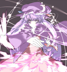 Rule 34 | 1girl, 3peso, cape, colored skin, crescent, female focus, glowing, hat, light, long sleeves, looking at viewer, magic, mob cap, outstretched arm, patchouli knowledge, purple eyes, purple hair, solo, touhou, upper body, white skin