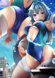 Rule 34 | 1girl, ahoge, ass, black scarf, blue eyes, blue hair, blue one-piece swimsuit, blue sky, breasts, building, center opening, cloud, commission, day, giant, giantess, hair between eyes, highleg, highleg swimsuit, highres, kuro yanagi, large breasts, multiple views, one-piece swimsuit, original, outdoors, scarf, short hair, skeb commission, sky, smile, swimsuit, water