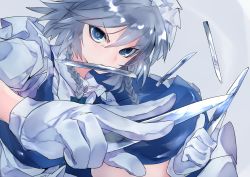 Rule 34 | 1girl, apron, blue dress, blue eyes, bow, braid, commentary request, dress, foreshortening, gloves, green bow, grey background, hair between eyes, hair bow, holding, holding knife, holding weapon, ikurauni, izayoi sakuya, knife, looking at viewer, maid, maid apron, maid headdress, mouth hold, puffy short sleeves, puffy sleeves, short hair, short sleeves, silver hair, simple background, solo, touhou, twin braids, upper body, v-shaped eyebrows, waist apron, weapon, white apron, white gloves, wing collar