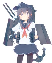 Rule 34 | &gt;:), 1girl, absurdres, akatsuki (kancolle), anchor, anchor symbol, black hat, black pantyhose, black skirt, cannon, closed mouth, commentary request, cowboy shot, doyagao, flat cap, hair between eyes, hands on own hips, hat, highres, kantai collection, long hair, long sleeves, looking at viewer, machinery, miriota, neckerchief, pantyhose, pleated skirt, purple eyes, purple hair, red neckerchief, school uniform, serafuku, shirt, simple background, skirt, smug, solo, torpedo tubes, turret, v-shaped eyebrows, white background, white shirt