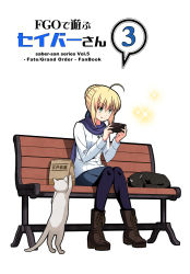 Rule 34 | 1girl, :q, ahoge, animal, artoria pendragon (all), artoria pendragon (fate), bag, bench, black cat, blonde hair, blue skirt, boots, brown footwear, buttons, cat, cellphone, closed eyes, closed mouth, copyright name, cross-laced footwear, fate/grand order, fate (series), full body, green eyes, holding, holding phone, jacket, knee boots, knees together feet apart, lace-up boots, long sleeves, official alternate costume, pantyhose, park bench, phone, playing games, purple pantyhose, purple scarf, saber (fate), scarf, short hair, simple background, skirt, sleeping, smartphone, smile, solo, sparkle, tongue, tongue out, tsukumo (soar99), v-shaped eyebrows, white background, white cat, white jacket