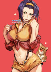 Rule 34 | 1girl, animal, animal collar, artist name, breasts, character name, cigarette, collar, collarbone, cowboy bebop, cowboy shot, dog, ein (cowboy bebop), faye valentine, forehead, green eyes, hand up, headband, heart, kadeart, large breasts, lips, looking at viewer, midriff, navel, purple hair, red background, short hair, shorts, simple background, solo, suspenders, tongue, tongue out, yellow headband, yellow shorts