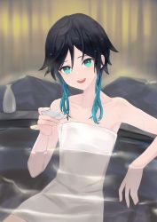 Rule 34 | 1boy, absurdres, alcohol, androgynous, black hair, blue hair, collarbone, commentary request, cup, genshin impact, gradient hair, green eyes, highres, holding, holding cup, kagami (kagami), looking at viewer, multicolored hair, naked towel, open mouth, partially submerged, sake, short hair with long locks, sidelocks, smile, solo, towel, venti (genshin impact), water, wet