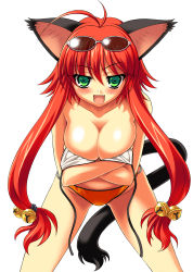 Rule 34 | 1girl, :d, animal ears, bell, bikini, blush, breasts, cat ears, cat tail, cleavage, eyewear on head, fang, green eyes, highres, long hair, looking at viewer, ngo (ngo dandelion), open mouth, original, red hair, simple background, smile, solo, sunglasses, swimsuit, tail, white background