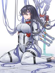 Rule 34 | 1girl, arms behind back, blue eyes, blue hair, bodysuit, breasts, cable, chest harness, covered erect nipples, gradient hair, grey bodysuit, hair between eyes, harness, head tilt, highres, long hair, machinery, medium breasts, multicolored hair, original, parted lips, ringobatake, science fiction, sitting, solo, stirrup legwear, thigh strap, toeless legwear, very long hair, wariza, white background