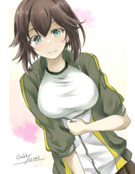 Rule 34 | 1girl, artist name, black hair, breasts, dutch angle, gakky, green eyes, green jacket, hayasui (kancolle), highres, jacket, kantai collection, large breasts, multicolored clothes, multicolored jacket, official alternate costume, one-hour drawing challenge, shirt, short hair, solo, standing, two-tone jacket, upper body, white shirt
