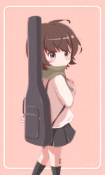 Rule 34 | 1girl, bandaid, bandaid on knee, bandaid on leg, bemani, black skirt, black socks, blush, brown background, brown eyes, brown hair, brown scarf, closed mouth, commentary request, feet out of frame, fringe trim, from behind, goth risuto, highres, instrument case, kino anzu, kneehighs, long sleeves, looking at viewer, looking back, pleated skirt, puffy long sleeves, puffy sleeves, scarf, shirt, simple background, skirt, socks, solo, sound voltex, standing, white shirt