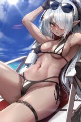 Rule 34 | 1girl, absurdres, arm up, beach chair, bikini, black bikini, black choker, black gloves, blue archive, blue sky, breasts, choker, clenched teeth, cloud, dark-skinned female, dark skin, day, doyoon 7, eyewear on head, glaring, gloves, grey hair, groin, hair over one eye, highres, iori (blue archive), iori (swimsuit) (blue archive), leaning back, long hair, looking at viewer, medium breasts, multi-strapped bikini bottom, navel, official alternate costume, outdoors, pointy ears, red eyes, sitting, sky, solo, stomach, sunglasses, sunlight, swimsuit, teeth, thigh strap, thighs, twintails, v-shaped eyebrows, very long hair