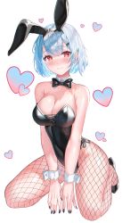 Rule 34 | 1girl, :q, absurdres, animal ears, bare arms, bare shoulders, between legs, black leotard, blue hair, blush, bow, bowtie, breasts, cleavage, closed mouth, commentary request, detached collar, fake animal ears, fishnet pantyhose, fishnets, hairband, heart, heart-shaped pupils, highleg, highleg leotard, highres, large breasts, leotard, looking at viewer, mole, mole on breast, original, pantyhose, playboy bunny, rabbit ears, red eyes, revision, seko (sekoko), short hair, smile, solo, symbol-shaped pupils, tongue, tongue out, wrist cuffs