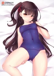 Rule 34 | 1girl, arm behind back, artist name, bed sheet, blue one-piece swimsuit, blush, braid, breasts, brown eyes, cameltoe, covered erect nipples, covered navel, donedone, french braid, girls&#039; frontline, gluteal fold, hair ribbon, long hair, looking at viewer, lying, medium breasts, on back, one-piece swimsuit, one side up, purple hair, ribbon, school swimsuit, solo, swimsuit, thigh grab, thighs, very long hair, wa2000 (girls&#039; frontline)