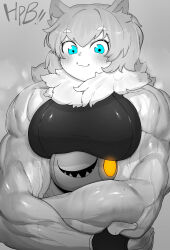 Rule 34 | 1girl, :3, absurdres, animal ears, biceps, blush, breasts, character request, closed mouth, crossed arms, fingerless gloves, gloves, greyscale, highres, kemono friends, large breasts, looking at viewer, medium hair, monochrome, muscular, muscular female, niwarhythm, smile, solo, sweat, thick eyebrows, upper body