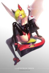 Rule 34 | 1girl, bad id, bad pixiv id, bat wings, blonde hair, boots, breasts, capelet, cleavage, dress, gloves, latex, latex dress, latex gloves, latex legwear, medium breasts, original, short hair, shoulder guard, solo, terong, thighhighs, wings