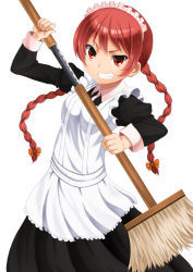 Rule 34 | 1girl, bad id, bad pixiv id, braid, broom, combat maid, concealed weapon, female focus, grin, highres, laco soregashi, long hair, maid, original, red eyes, red hair, smile, solo, sword, twin braids, weapon, white background
