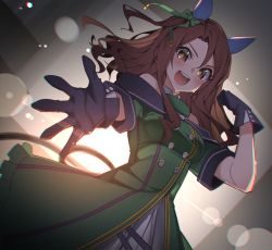 Rule 34 | 1girl, black gloves, bow, breasts, brown hair, buttons, double-breasted, dress, ear covers, frilled dress, frills, from below, gloves, green bow, green dress, hair between eyes, hair bow, king halo (umamusume), lens flare, looking at viewer, medium breasts, open mouth, outstretched arm, outstretched hand, solo, umamusume, warashi