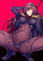 Rule 34 | 1girl, ankle boots, bodysuit, boots, breasts, closed mouth, covered navel, fate/grand order, fate (series), gae bolg (fate), hand up, high heel boots, high heels, long hair, looking at viewer, medium breasts, polearm, purple footwear, red background, red bodysuit, red eyes, red hair, scathach (fate), scathach (fate), simple background, smile, solo, spear, spread legs, veil, wakamesan, weapon