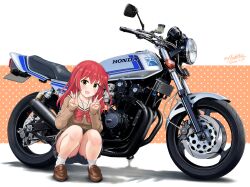 Rule 34 | 1girl, blue skirt, bocchi the rock!, brown footwear, brown shirt, dated, double v, flick (sal23), full body, green eyes, honda, honda cb750k, kita ikuyo, loafers, looking at viewer, motor vehicle, motorcycle, neckerchief, one side up, open mouth, pleated skirt, red hair, red neckerchief, sailor collar, school uniform, shirt, shoes, shuka high school uniform, skirt, socks, solo, squatting, thighs, twitter username, v, white sailor collar, white socks