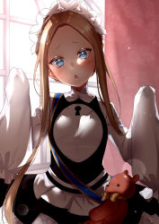 Rule 34 | 1girl, abigail williams (fate), abigail williams (festival outfit) (fate), backlighting, black skirt, blonde hair, blue eyes, blush, bow, breasts, butterfly hair ornament, dress, fate/grand order, fate (series), forehead, frills, hair ornament, hana no namida, heroic spirit traveling outfit, highres, keyhole, long hair, long sleeves, looking at viewer, maid, maid headdress, official alternate costume, open mouth, orange bow, parted bangs, sidelocks, skirt, sleeves past fingers, sleeves past wrists, small breasts, solo, stuffed animal, stuffed toy, teddy bear, very long hair, white dress, window