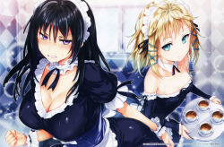 Rule 34 | 10s, 2girls, absurdres, black bullet, black hair, blonde hair, blush, breasts, cleavage, clenched hand, clenched teeth, coffee, cup, embarrassed, end card, green eyes, highres, hisasi, jpeg artifacts, large breasts, long hair, maid, maid headdress, multiple girls, official art, purple eyes, screencap, small breasts, sweat, tea, teacup, tears, teeth, tendou kisara, tina sprout, tray