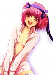 Rule 34 | 00s, 1girl, bad id, bad pixiv id, blush, breasts, elfen lied, flat chest, hairband, happy, horns, nana (elfen lied), no bra, open clothes, open shirt, pink hair, red eyes, red hair, ribbon, rirurario, shirt, short hair, small breasts, smile, solo, thighhighs, zettai ryouiki