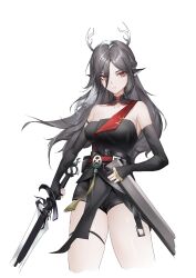 Rule 34 | 1girl, animal ears, antlers, arknights, bare shoulders, black gloves, black hair, black shorts, black tube top, chinese commentary, closed mouth, collarbone, commentary request, cowboy shot, cropped legs, elbow gloves, eyes visible through hair, gloves, highres, holding, holding sheath, holding sword, holding weapon, horns, jaggy lines, long hair, making-of available, partially fingerless gloves, qiubai (arknights), red eyes, scabbard, sheath, shorts, simple background, solo, standing, strapless, sword, thigh strap, tube top, unsheathed, weapon, white background, yiyanbanshengchou