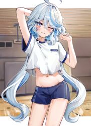 Rule 34 | 1girl, absurdres, ahoge, alternate costume, arm behind head, arm up, blue eyes, blue hair, blue shorts, blush, closed mouth, commentary request, cowboy shot, dasha, fingernails, furina (genshin impact), genshin impact, gym shirt, gym shorts, gym uniform, hair between eyes, highres, indoors, light blue hair, long hair, looking at viewer, multicolored hair, navel, one eye closed, shirt, short sleeves, shorts, sidelocks, solo, standing, stomach, streaked hair, sweat, sweatdrop, two-tone hair, white shirt
