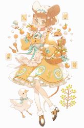 Rule 34 | 1girl, animal ears, apron, bad id, bad pixiv id, basket, bird, blue hairband, bow, brown hair, cake, cake slice, dress, duck, floral print, food, fork, fruit, glasses, gradient eyes, green nails, hairband, highres, holding, holding basket, holding food, holding fruit, long sleeves, looking at viewer, mouse ears, mouse tail, multicolored eyes, nail polish, orange (fruit), orange dress, orange nails, orange theme, original, postage stamp, sandwiched, short hair, spoon, tail, uekura eku, white background