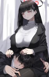 Rule 34 | 1boy, 1girl, black hair, black pantyhose, black skirt, blue archive, blush, breasts, closed mouth, formal, hair ornament, hairpin, halo, highres, large breasts, long hair, long sleeves, lonklink, pantyhose, red eyes, rio (blue archive), sensei (blue archive), short hair, skirt, suit, sweater, white sweater