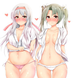 Rule 34 | 10s, 2girls, arms behind back, blush, bow, breasts, brown eyes, cleavage, collarbone, cowboy shot, embarrassed, gluteal fold, green hair, groin, hair bow, hairband, highres, japanese clothes, kantai collection, large breasts, long hair, looking at viewer, multiple girls, navel, open clothes, panties, parted bangs, pikacchi, pink panties, shoukaku (kancolle), side-tie panties, small breasts, smile, straight hair, thigh gap, thighs, twintails, underwear, white hair, white panties, yellow eyes, zuikaku (kancolle)