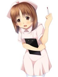 Rule 34 | 10s, 1girl, bad id, bad twitter id, brown eyes, brown hair, clipboard, girls und panzer, nishizumi miho, nurse, open mouth, pantyhose, thermometer